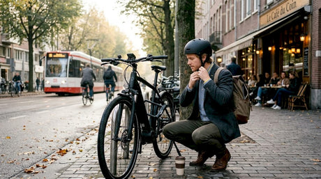 E-bike commuter locking bike on city street