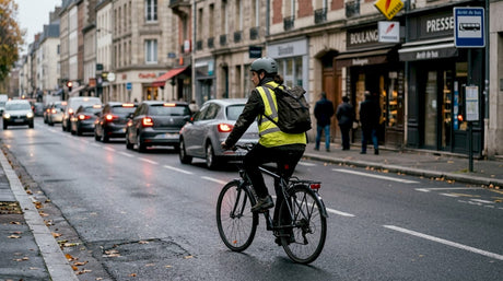 Un cycliste se faufile entre les voitures dans les embouteillages du matin en centre-ville.