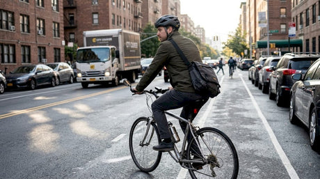 Cyclist checks rear mirror in city traffic