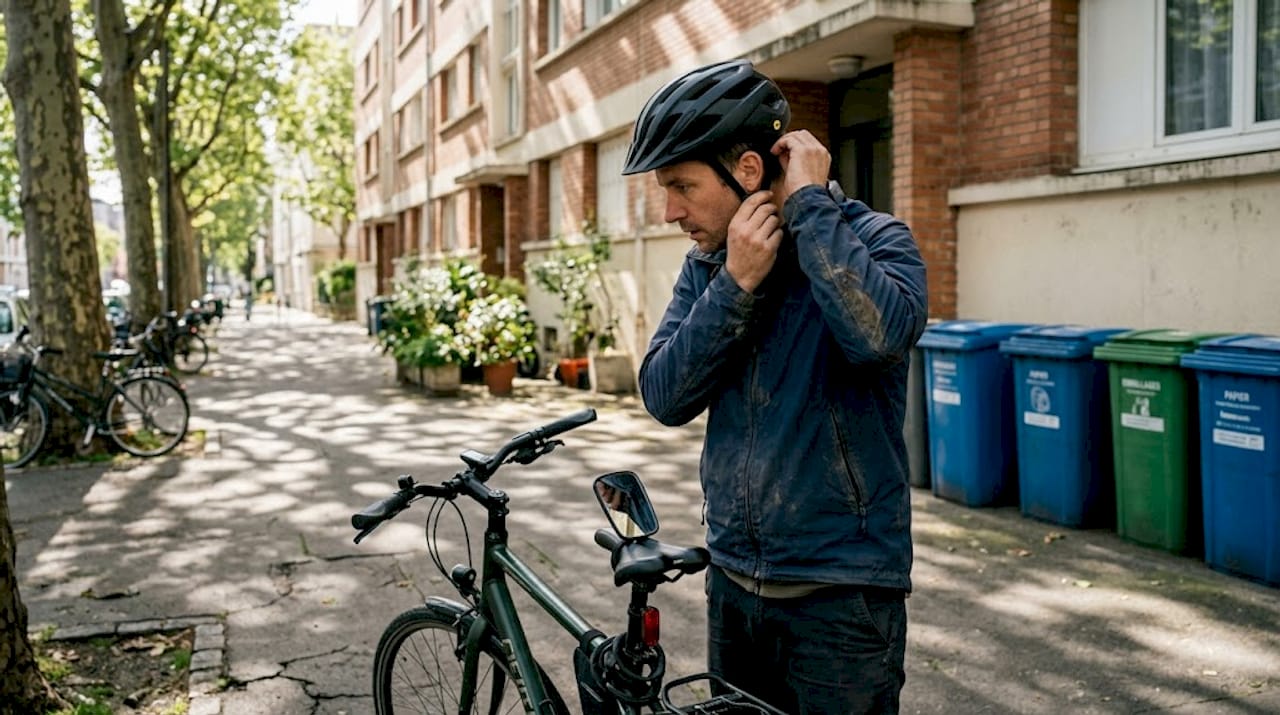 Un cycliste règle l’ajustement de son casque MIPS avant de partir s’entraîner en plein air.