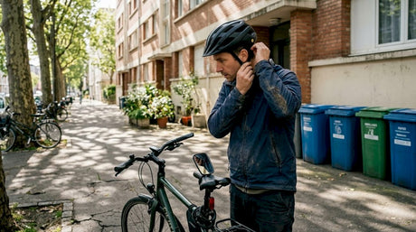 Un cycliste règle l’ajustement de son casque MIPS avant de partir s’entraîner en plein air.