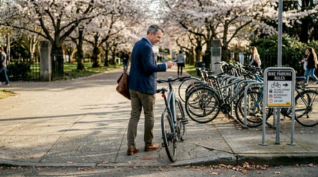 Man with e-bike at city bike rack