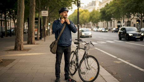 Un cycliste ajuste son casque avant de partir, debout sur le trottoir en ville.