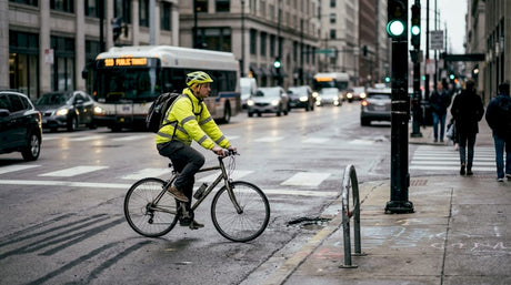 Cyclist wearing reflective gear at busy urban intersection
