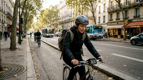 Un cycliste équipé d’un capteur de sécurité pour ses trajets quotidiens en ville.