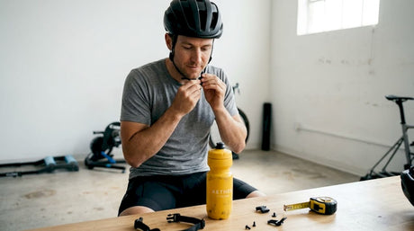 Cyclist adjusting helmet in studio