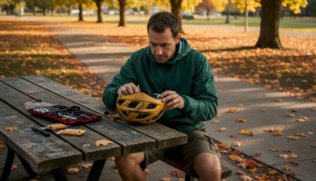 Cyclist inspecting impact-damaged helmet outdoors