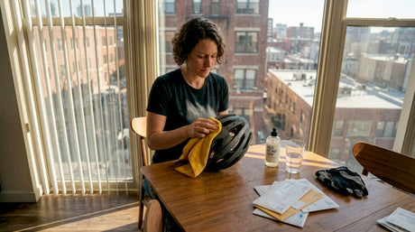Cyclist cleaning helmet at kitchen table
