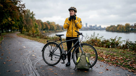 Commuter cyclist adjusting helmet in city park