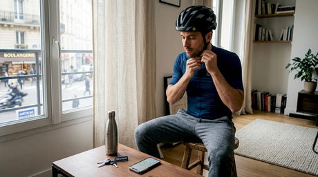 Un cycliste règle son casque MIPS chez lui, prêt à partir pour une nouvelle sortie.