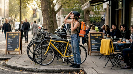 Cyclist adjusting helmet near city bike rack