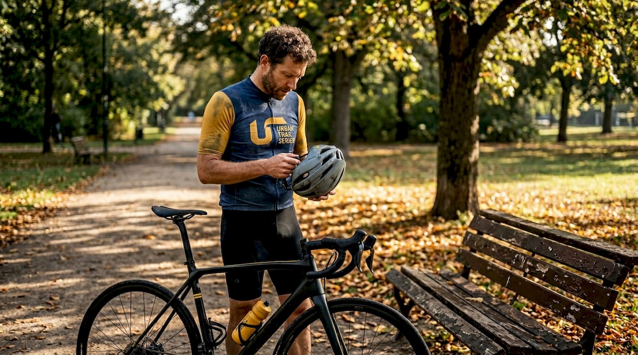 Cyclist checks helmet at city park trail