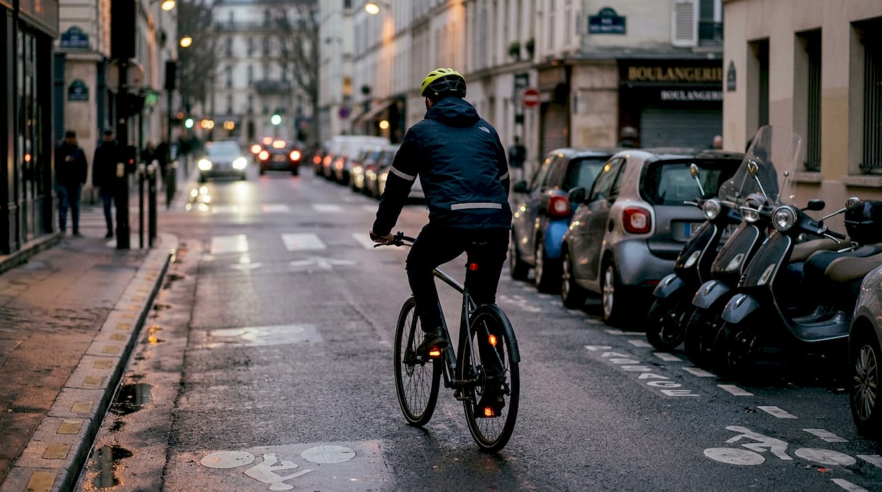 Un cycliste circule à la tombée de la nuit, parfaitement visible grâce à ses équipements réfléchissants.