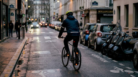 Un cycliste circule à la tombée de la nuit, parfaitement visible grâce à ses équipements réfléchissants.