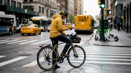 Cyclist using connected tech at busy crosswalk