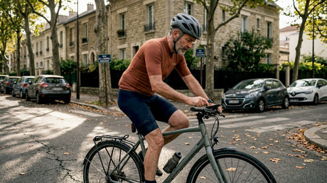 Un cycliste consulte ses équipements connectés tout en circulant en ville.