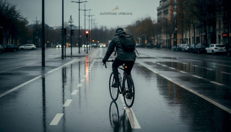 Un cycliste traverse la ville sous une pluie battante, pédalant prudemment sur la chaussée détrempée.