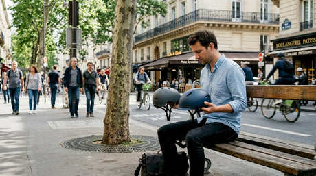 Un cycliste assis sur un banc compare deux casques urbains avant de faire son choix.