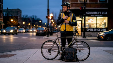 Urban cyclist adjusting reflective cycling gear