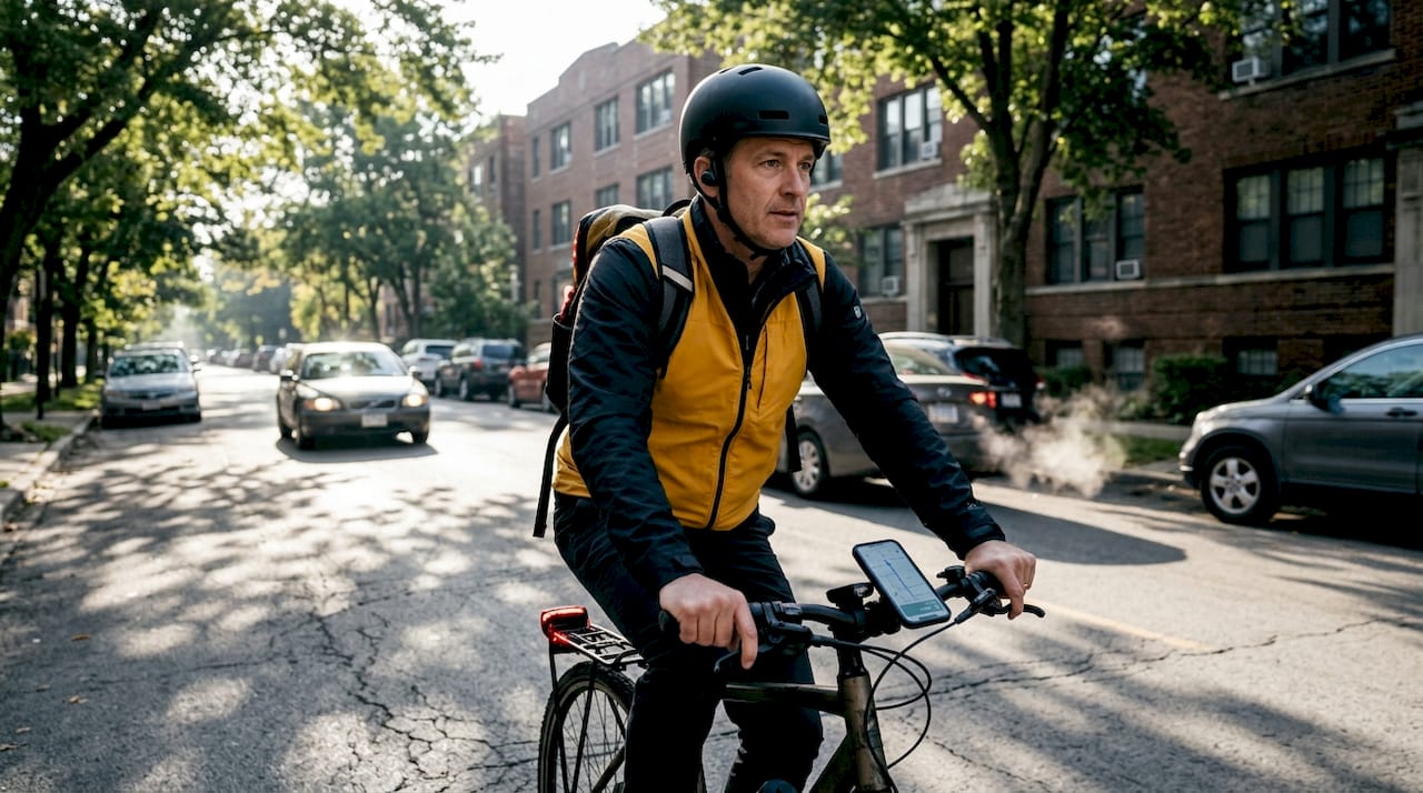 Cyclist using Bluetooth safety gear in city