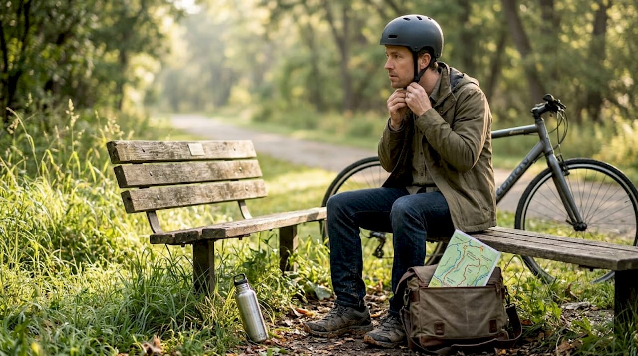 Cyclist adjusting helmet with focus on liner