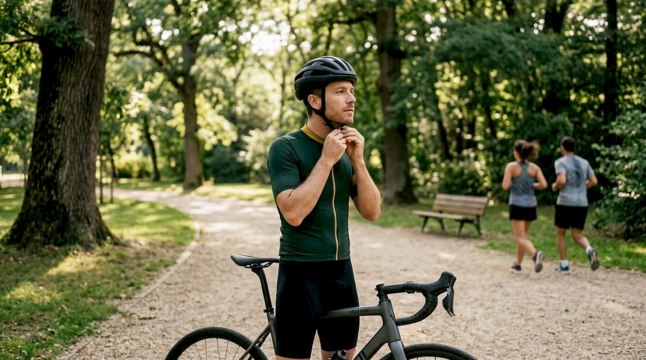 Un cycliste en ville ajuste son casque avant de s’élancer sur la piste.