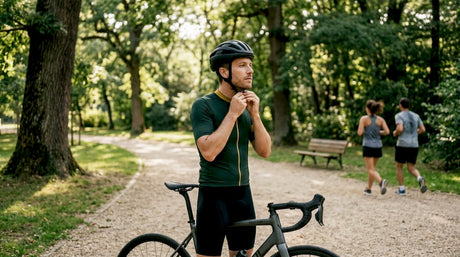 Un cycliste en ville ajuste son casque avant de s’élancer sur la piste.