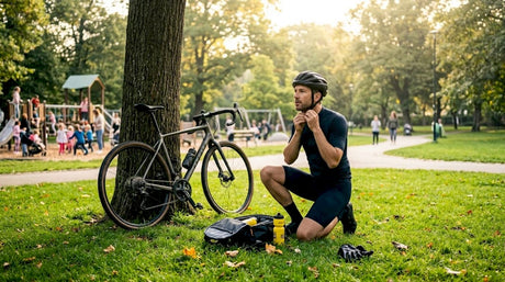 Cyclist fastening helmet strap in park