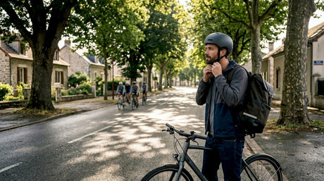 Un cycliste en ville qui règle son casque avant de partir pour sa journée.