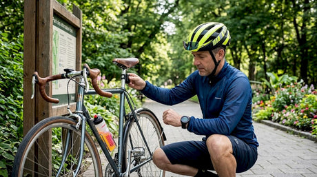 Un cycliste profite d'une pause dans un parc urbain pour vérifier le bon fonctionnement de ses équipements de sécurité connectés.