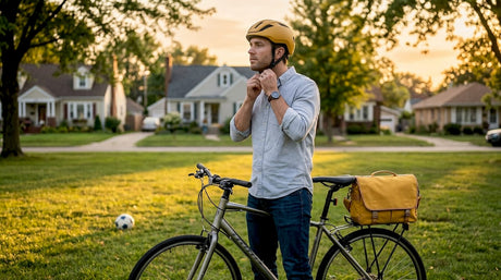 Cyclist adjusting helmet before work commute