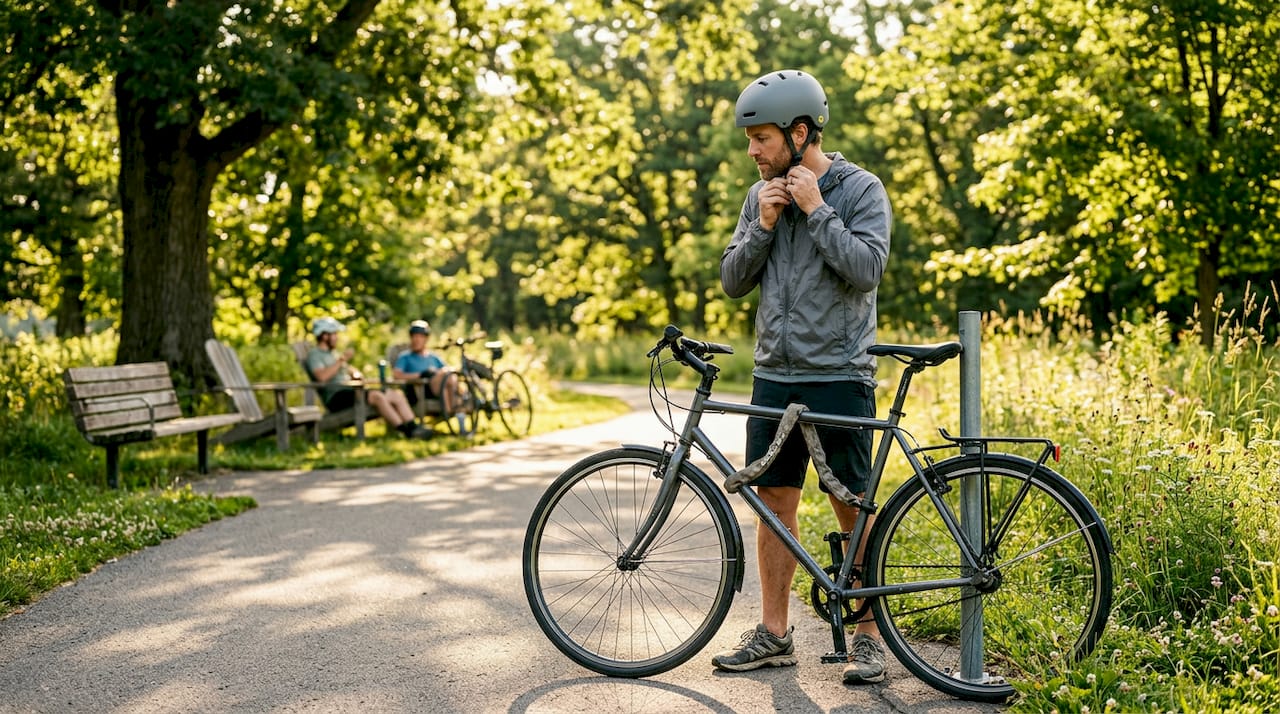 Un cycliste en ville qui prend le temps de vérifier son vélo avant de partir le matin.