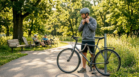 Un cycliste en ville qui prend le temps de vérifier son vélo avant de partir le matin.