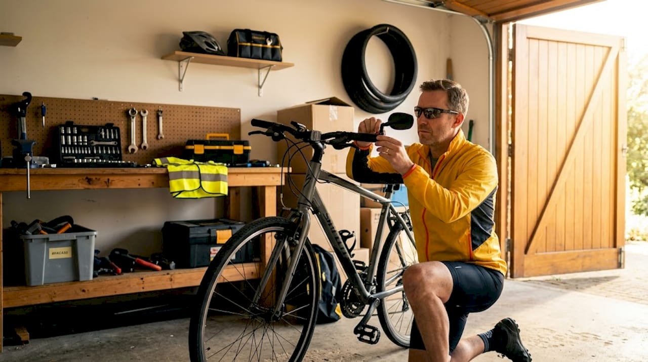 Cyclist installs rear-view mirror on bike indoors