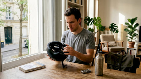 Assis à la table de la cuisine, un cycliste examine soigneusement son casque, vérifiant qu'il est bien en état avant sa prochaine sortie.