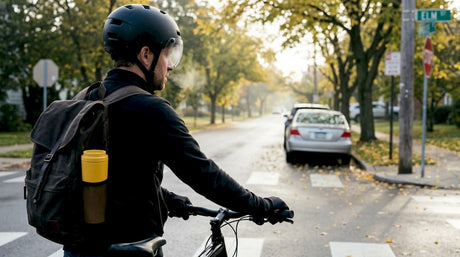 Cyclist waiting on fogged visor helmet in city