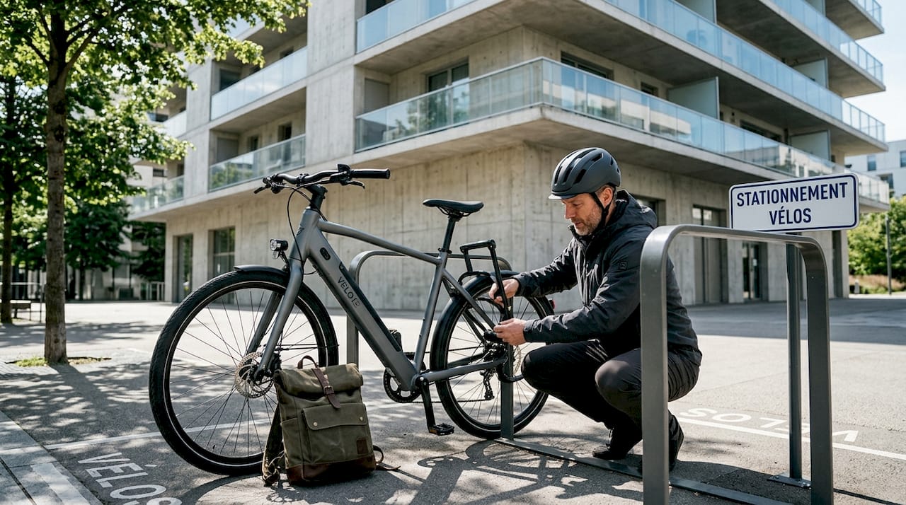 Un homme attache soigneusement son vélo électrique à un point fixe en plein centre-ville pour éviter tout risque de vol.