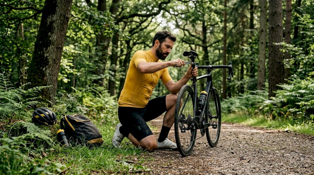 Cyclist adjusting bike fit on park path