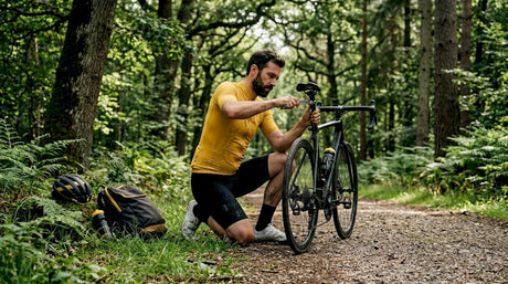 Cyclist adjusting bike fit on park path