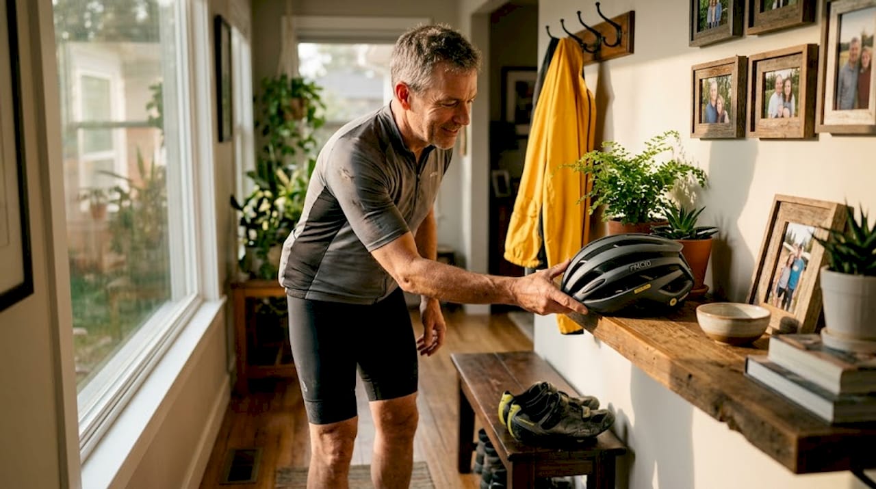 Cyclist placing helmet on mudroom shelf