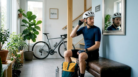 Avant de partir pour sa sortie à vélo, un cycliste ajuste soigneusement son casque chez lui.