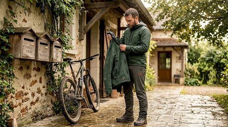 Sous la pluie, un cycliste s’assure que sa veste imperméable le protège bien.