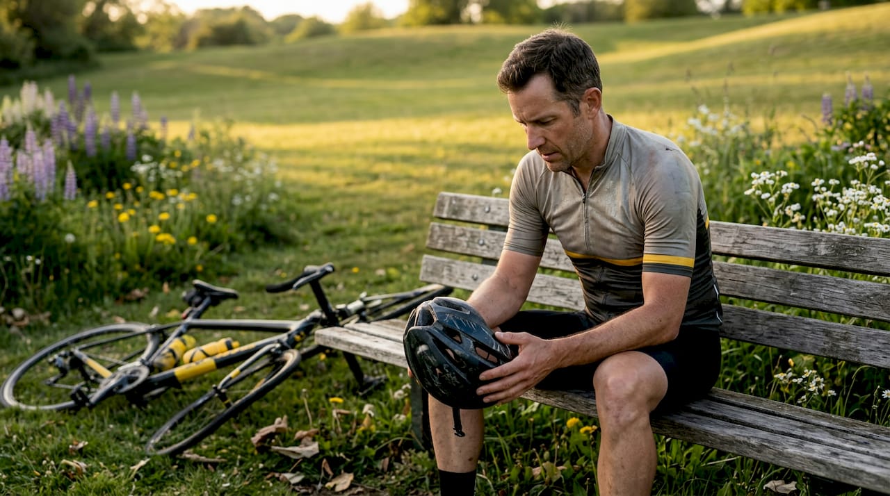 Cyclist inspecting helmet for safety damage