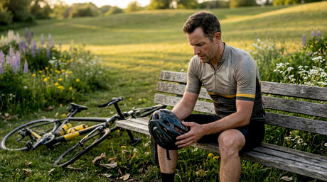 Cyclist inspecting helmet for safety damage