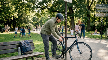 Un citadin équipé d’un casque connecté attache son vélo sur le trottoir, prêt à commencer sa journée.