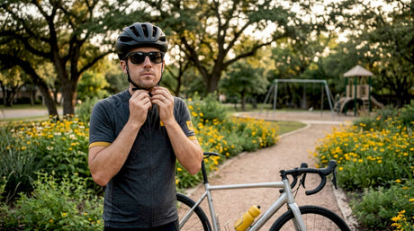 Cyclist adjusting helmet outdoors