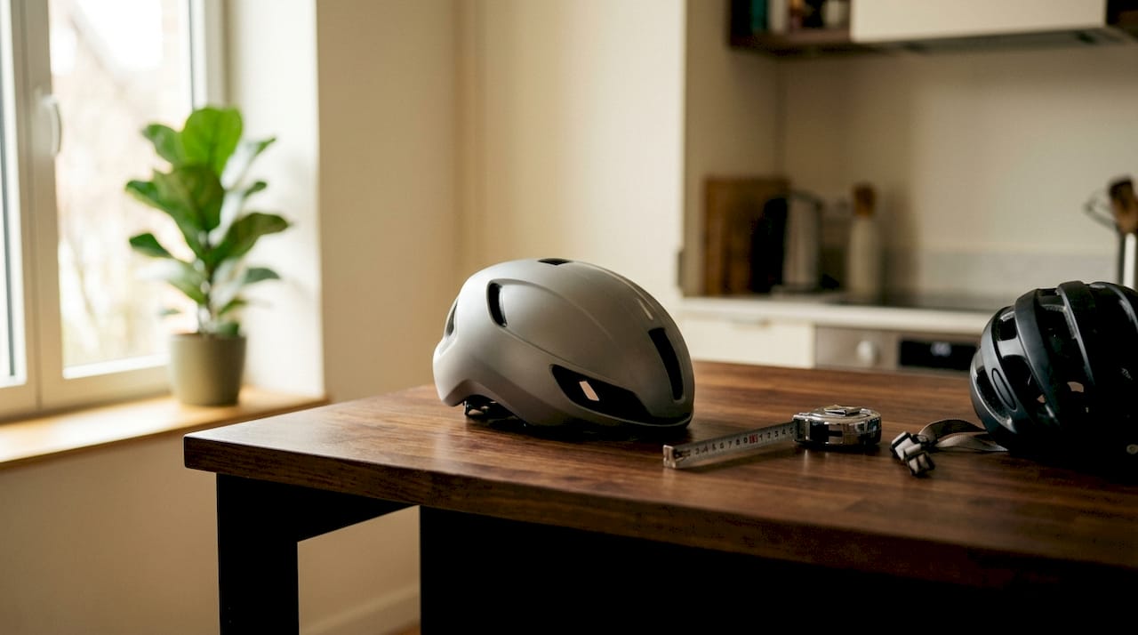 Casque de vélo à coque monobloc posé sur une table en studio