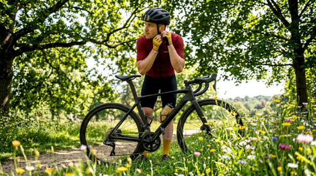 Cyclist adjusting adaptive helmet outdoors
