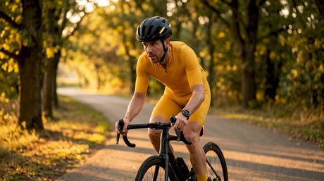 Cyclist wearing wearable tech on suburban road