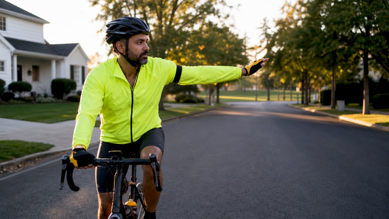 Cyclist signaling a turn on city street